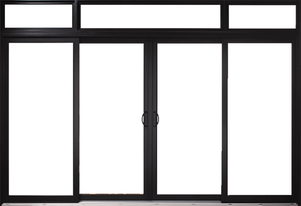 Black, custom patio doors with enlarged transom and four-panel glass