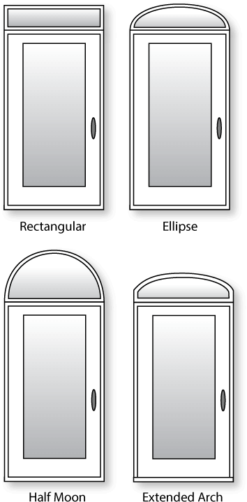 Transom options for residential doors: rectangular, ellipse, half moon, extended arch